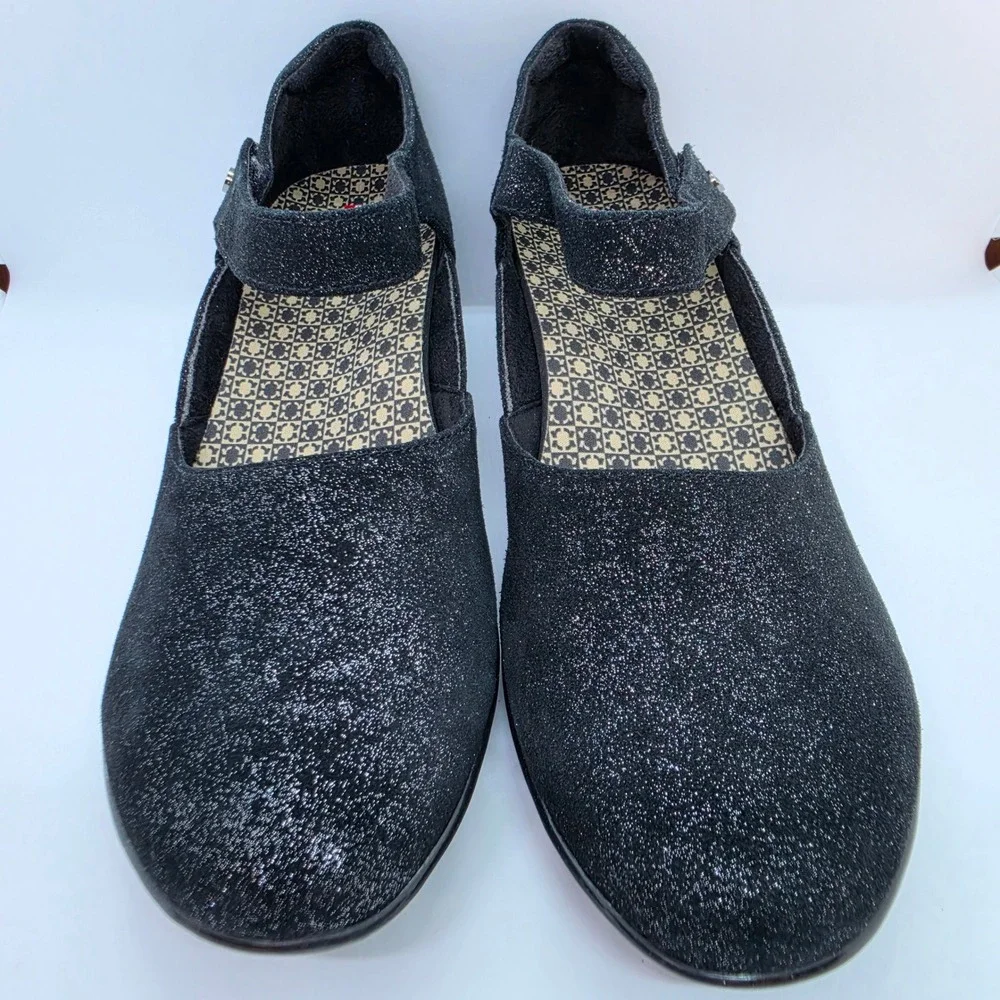 Revere Osaka Midnight Black Shimmer Leather Mary Jane Wedge Shoes US 10M EUR 41